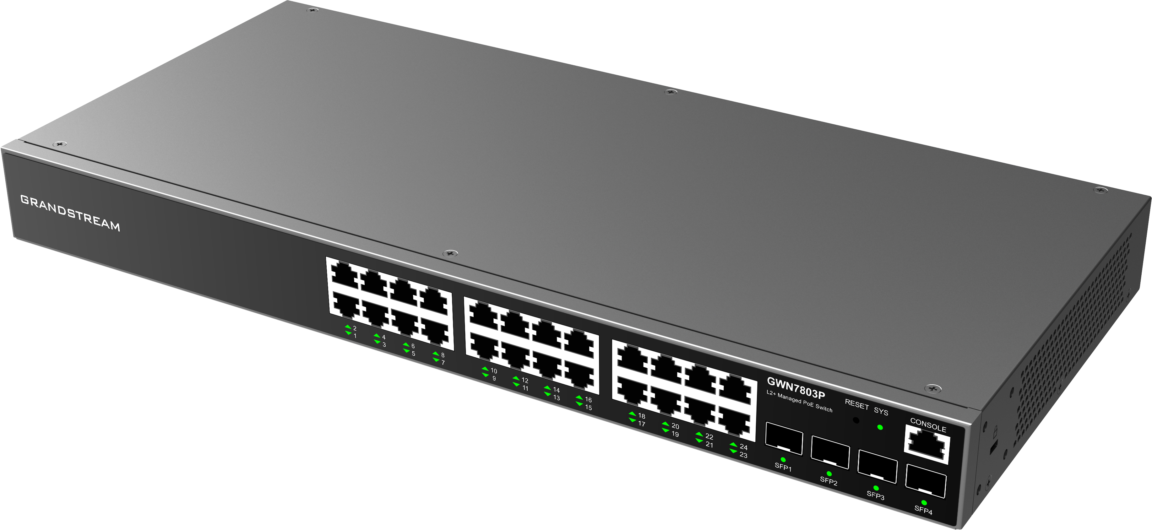 Grandstream GWN7803P Enterprise Layer 2+ Managed 370W PoE+ Network Switch with 24 x 1GigE PoE+, 4 x SFP Ports