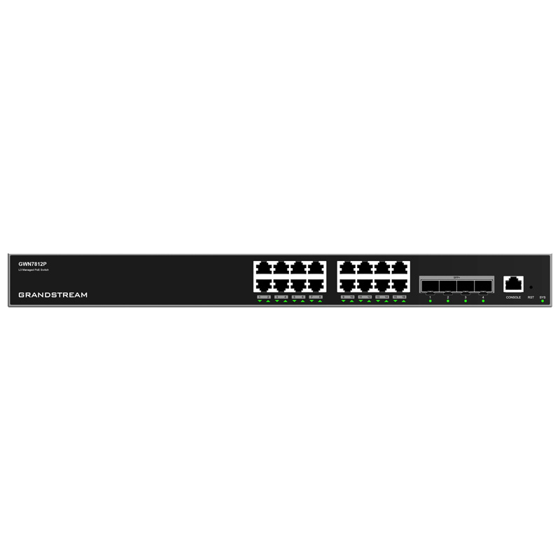 Grandstream GWN7812P Enterprise Layer 3 Managed 240W PoE+ Network Switch with 16 x GigE PoE+, 4 x 10Gigabit SFP+ Ports